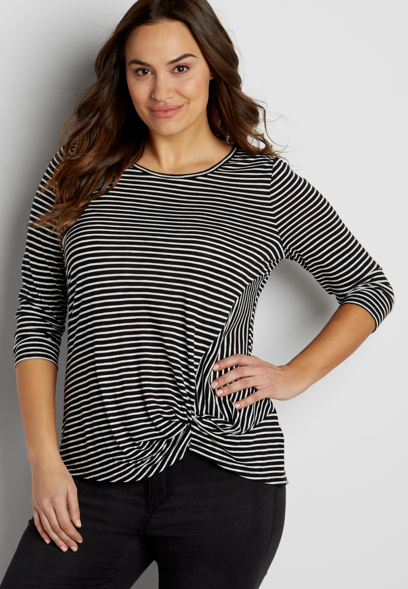 Maurices The 24/7 Plus Size Striped Tee with Knot Hem in Black Combo
